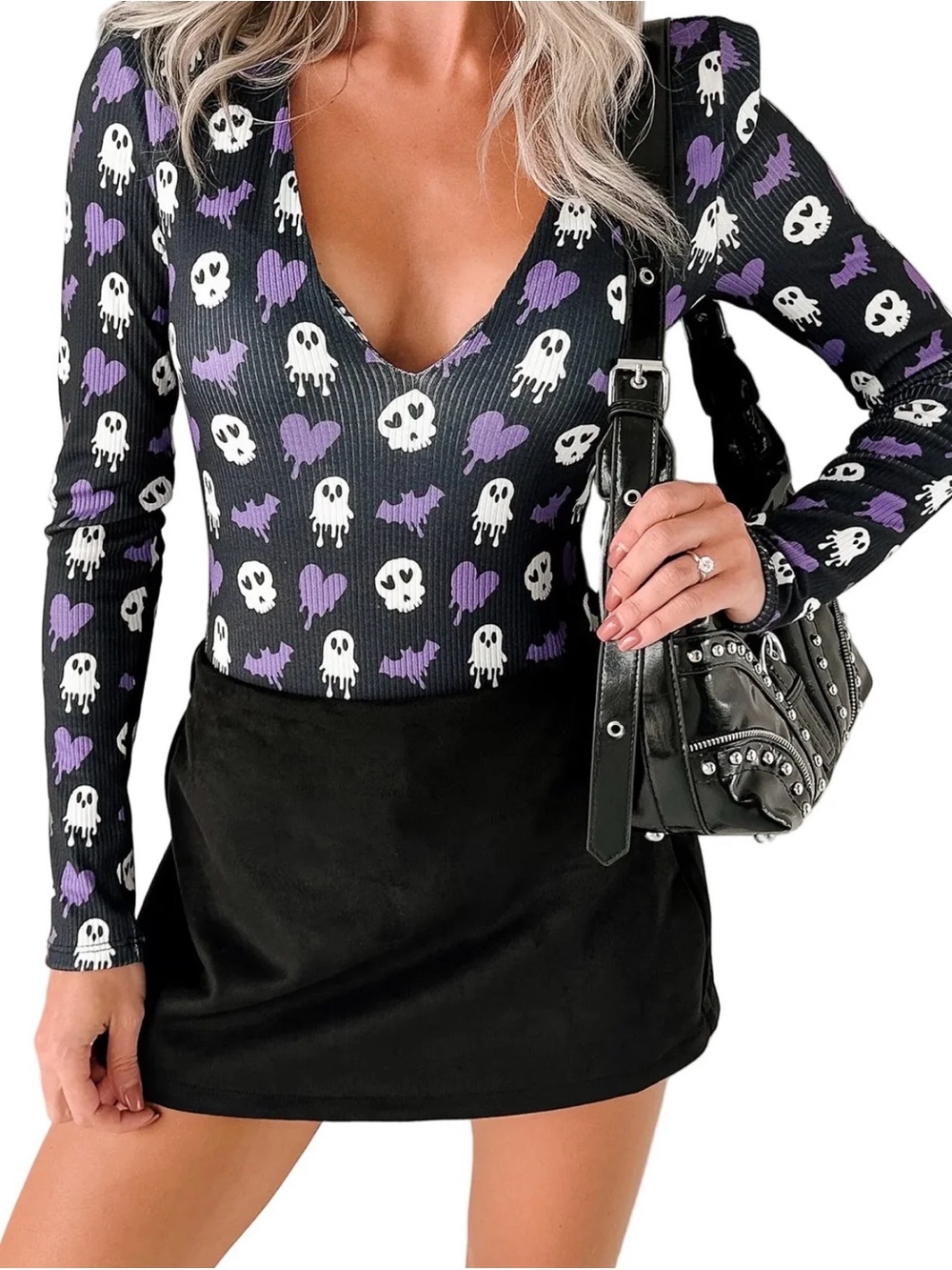 NanaMacs Black One-Piece with Purple and White Ghost & Heart Print - Halloween